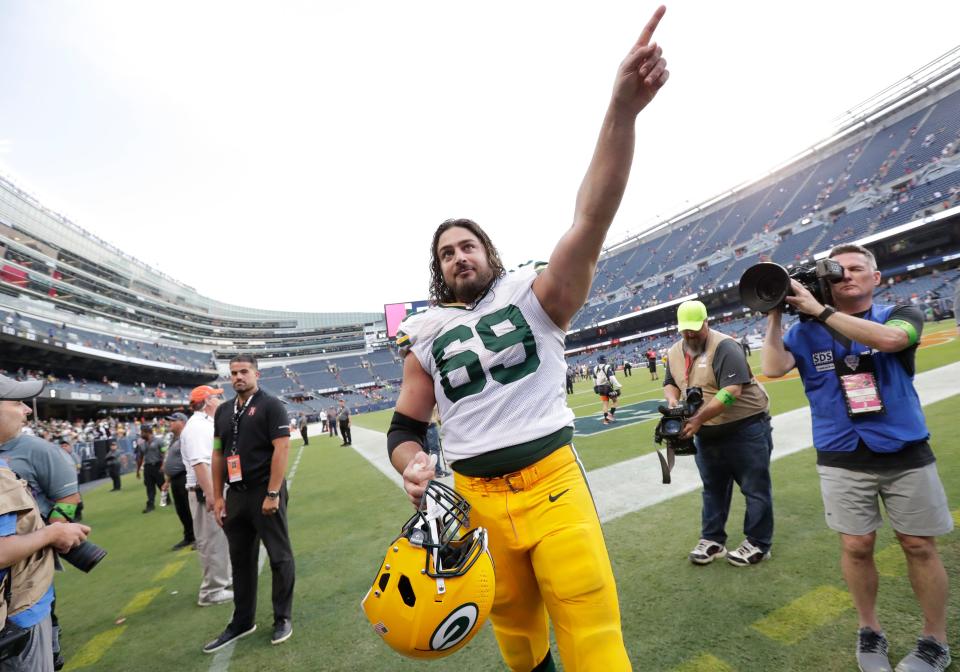 Green Bay Packers left tackle David Bakhtiari celebrates a victory against the Chicago Bears, his first and only game this season.