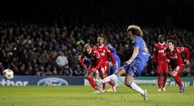Chelsea defender David Luiz scores his penalty during the UEFA Champions League Group E match against FC Nordsjaelland. Chelsea interim coach Rafael Benitez did his best to focus on the positives after the holders went out of the Champions League despite thrashing FC Nordsjaelland 6-1