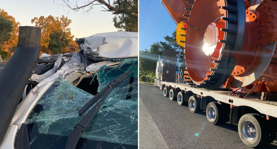 The driver&#39;s car with a crumpled roof and smashed windshield. Right is the part of the oversize load the vehicle collided with. 