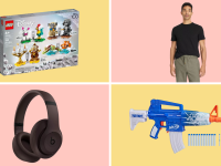 A colorful collage with a pair of Beats headphones, a Nerf blaster, a Lego set, and a T-shirt.