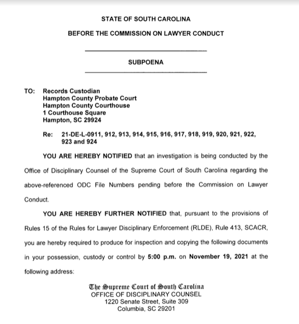 One page of a subpoena order sent to Hampton County Probate Court by the S.C. Supreme Court’s disciplinary arm on Nov. 5, 2021 requesting records related to two top Hampton banking officials and cases worked on by Alex Murdaugh.