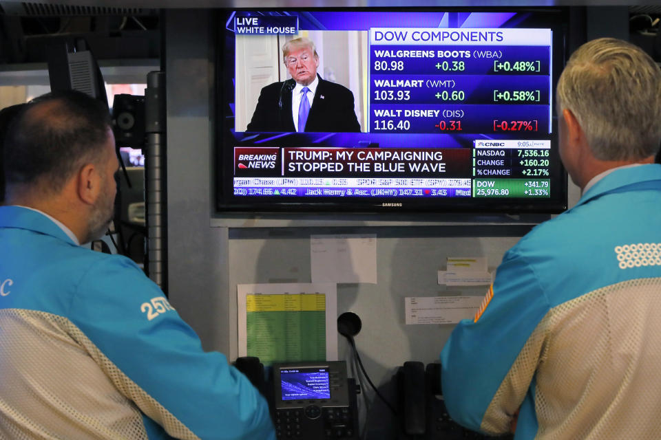 Specialists on the floor of the New York Stock Exchange watch President Donald Trump's news conference Wednesday, Nov. 7, 2018. Technology and health care stocks are leading indexes broadly higher on Wall Street as results of the midterm elections came in largely as investors had expected. (AP Photo/Richard Drew)