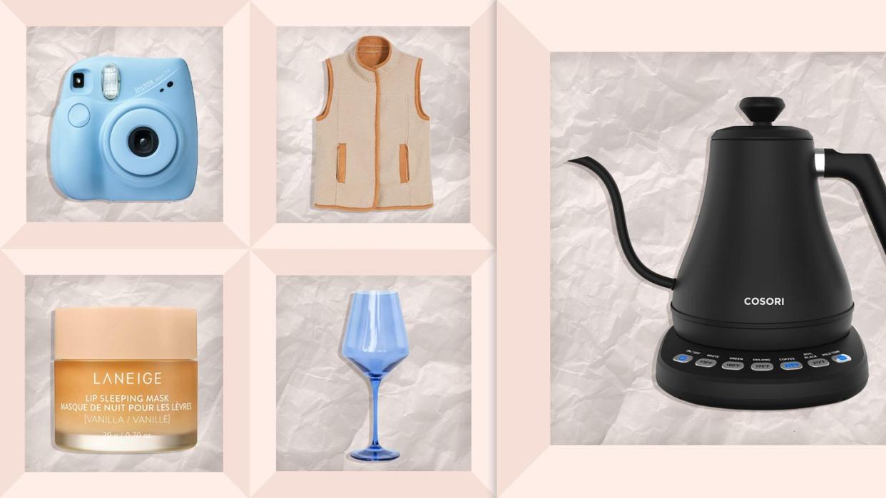 instax camera, reversible sherpa vest, cosori pot, wine glass, laneige lip masks