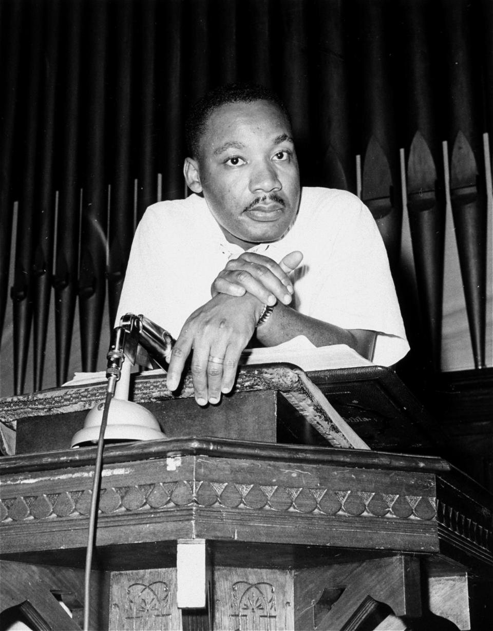 FILE - Rev. Martin Luther King, Jr., appears at an integration rally in Montgomery, Ala., May 21, 1961. The estate of the Rev. Martin Luther King Jr. has reached an agreement with HarperCollins Publishers for rights to his archive. HarperCollins released King's first book more than 60 years ago. The King Estate had been publishing books since 2009 with the Beacon Press. (AP Photo/Horace Cort, File)