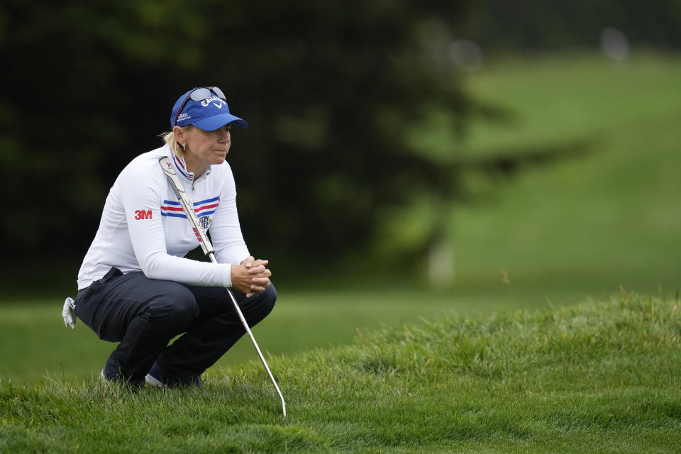 Annika Sorenstam, of Sweden, measures her putt on the 11th green during the first round of the U.S. Women's Open golf tournament at the Pebble Beach Golf Links, Thursday, July 6, 2023, in Pebble Beach, Calif. (AP Photo/Godofredo A. Vásquez)