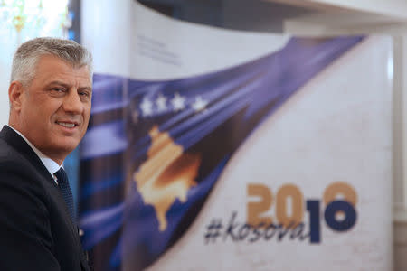 Kosovo's President Hashim Thaci reacts during an interview with Reuters in his office in Pristina, Kosovo February 13, 2018. REUTERS/Hazir Reka
