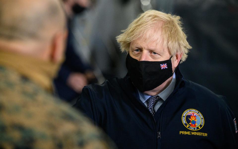 The Prime Minister visiting HMS Queen Elizabeth aircraft carrier in Portsmouth today - Leon Neal/Getty Images