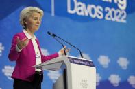 Ursula von der Leyen, President of the European Commission speaks at the World Economic Forum in Davos, Switzerland, Tuesday, May 24, 2022. The annual meeting of the World Economic Forum is taking place in Davos from May 22 until May 26, 2022. (AP Photo/Markus Schreiber)