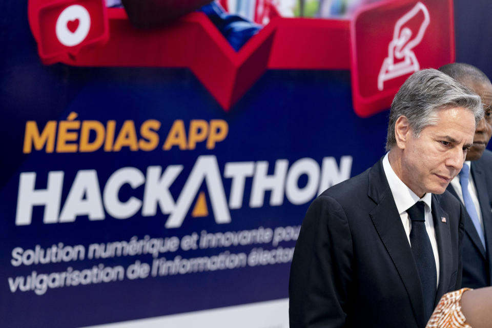 Secretary of State Antony Blinken visits an election transparency hackathon event at the Kinshasa Digital Academy in Kinshasa, Congo, Wednesday, Aug. 10, 2022. Blinken is on a ten day trip to Cambodia, Philippines, South Africa, Congo, and Rwanda. (AP Photo/Andrew Harnik, Pool)