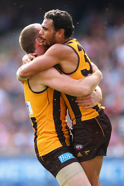 <p>Cyril Rioli and Jarryd Roughead celebrate a Hawthorn goal.</p>