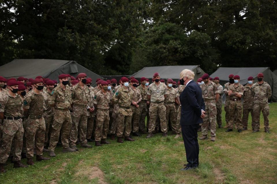 Prime Minister Boris Johnson meets members of 16 Air Assault Brigade at the Brigade Headquarters at Merville Barracks in Colchester, Essex, following their recent deployment to Afghanistan to enable the safe evacuation of British nationals and Afghans who worked alongside British forces and who had been given the right to settle in the UK (Dan Kitwood/PA) (PA Wire)
