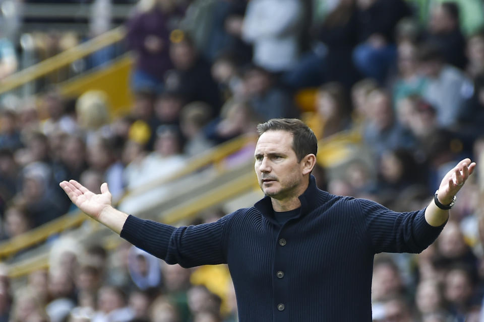 Chelsea's caretaker manager Frank Lampard reacts during the English Premier League soccer match between Wolverhampton Wanderers and Chelsea, at the Molineux Stadium, in Wolverhampton, England, Saturday, April 8, 2023. (AP Photo/Rui Vieira)