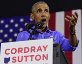 Former President Barack Obama speaks as he campaigns in support of Ohio gubernatorial candidate Richard Cordray, Thursday, Sept. 13, 2018, in Cleveland. (AP Photo/David Dermer)