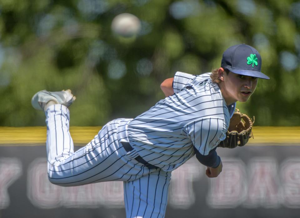 Peoria Notre Dame's Jack Livengood throws against Illini West in the Class 2A baseball sectional title game Saturday, May 25, 2024 in Chillicothe. The Irish defeated Illini West 2-0.