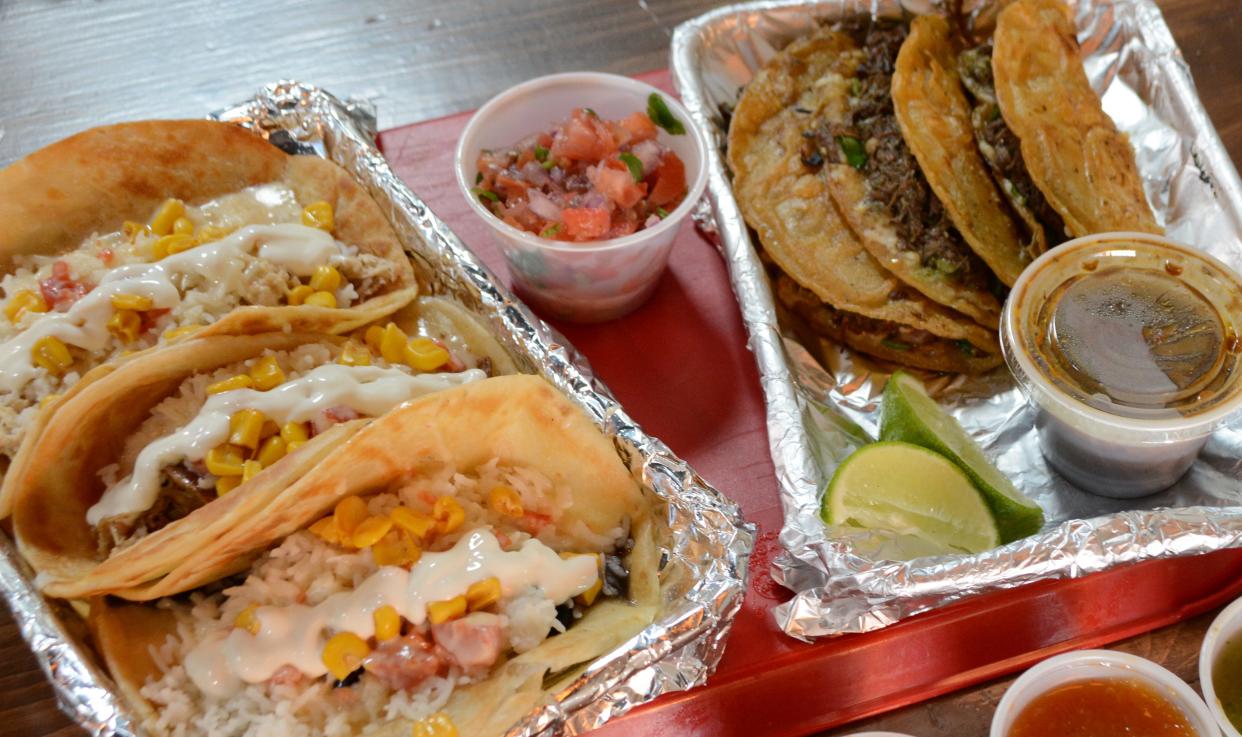 The Screw City, left, and the Birria, seen here March 14, 2022, are signature tacos at Cantina Taco, 6342 E. Riverside Blvd. The restaurant also operates a downtown location and a food truck.