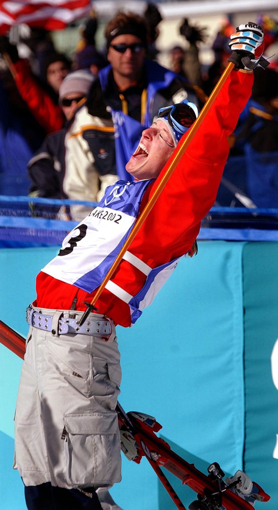 USA’s Shannon Bahrke celebrates after her final women’s mogul run at Deer Valley during the Salt Lake Winter Games on Feb. 9, 2002. Bahrke claimed the silver medal. | Laura Seitz, Deseret News