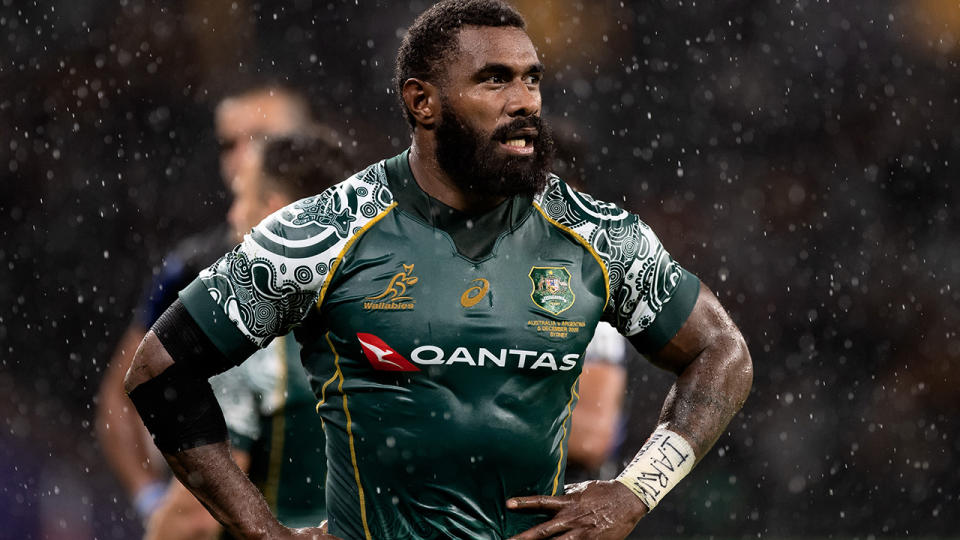 Marika Koroibete reacts after the Wallabies once again drew with Argentina. (Photo by Speed Media/Icon Sportswire via Getty Images)