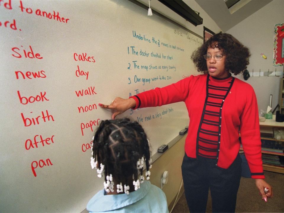 A teacher uses a whiteboard in 2002