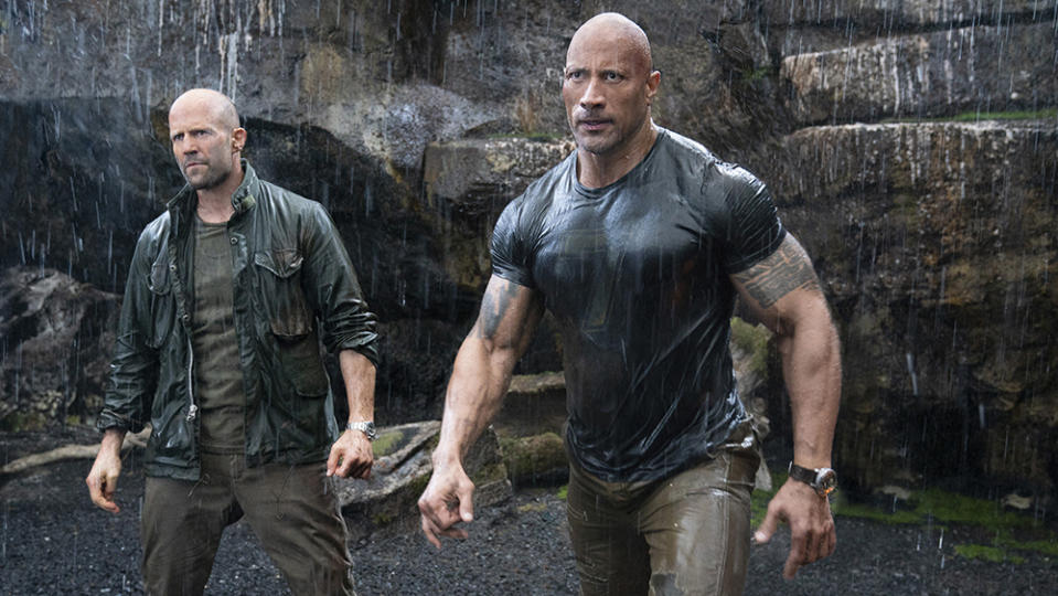 (from left) Deckard Shaw (Jason Statham) and Luke Hobbs (Dwayne Johnson) in "Fast & Furious Presents: Hobbs & Shaw," directed by David Leitch.