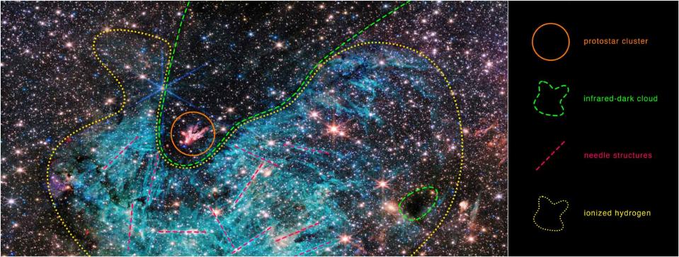 Approximate outlines help to define the features in the Sagittarius C (Sgr C) region. Astronomers are studying data from NASA’s James Webb Space Telescope to understand the relationship between these features, as well as other influences in the chaotic galaxy center. <em>Credits: NASA, ESA, CSA, STScI, Samuel Crowe (UVA)</em>