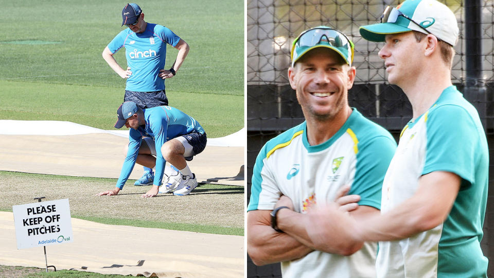 England and Australia players, pictured here before the second Ashes Test at the Adelaide Oval.