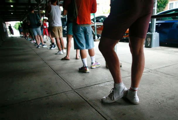 PHOTO: People wait in line to recieve the Monkeypox vaccine at the Bushwick Education Campus in Brooklyn on July 17, 2022, in New York City. (Kena Betancur/AFP via Getty Images)