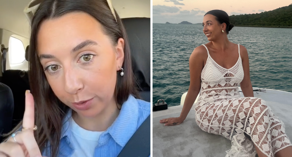 Nicole Morrison talking to the camera next to a shot of her on a boat