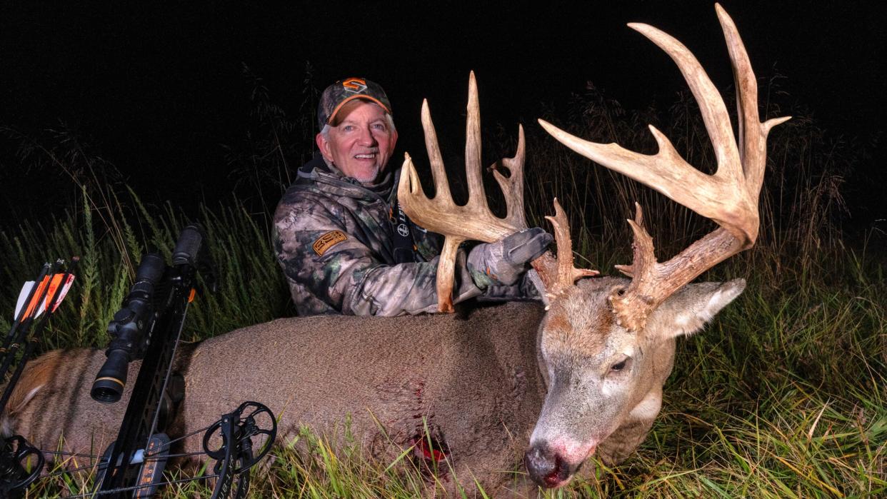 Terry Drury of Drury Outdoors shows off a huge nontypical Missouri buck he arrowed on October 16.