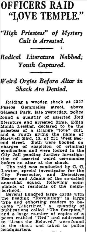 "Officers raid 'love temple,'" the headline reads. And: "Weird orgies before altar in shack are denied."