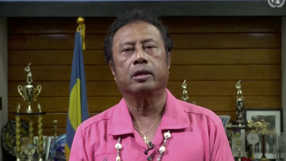 In this image made from UNTV video, Tommy Esang Remengesau Jr., President of Palau, speaks in a pre-recorded message which was played during the 75th session of the United Nations General Assembly, Wednesday, Sept. 23, 2020, at UN headquarters in New York. The U.N.'s first virtual meeting of world leaders started Tuesday with pre-recorded speeches from some of the planet's biggest powers, kept at home by the coronavirus pandemic that will likely be a dominant theme at their video gathering this year. (UNTV via AP)