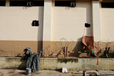 Square holes in the wall of a detention center are seen near the Thailand-Malaysia border in Hatyai, Thailand, November 20, 2017. Picture taken November 20, 2017. Dailynews/ via REUTERS