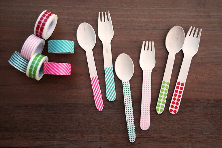 <p>Since washi tape comes in countless patterns and colors, it's always party-ready. Stick strips in hues that suit your theme to plain spoons and forks. </p><p><em><a href="http://themerrythought.com/diy/diy-washi-tape-silverware/" rel="nofollow noopener" target="_blank" data-ylk="slk:Get the tutorial at The Merry Thought »;elm:context_link;itc:0;sec:content-canvas" class="link ">Get the tutorial at The Merry Thought »</a></em> </p>