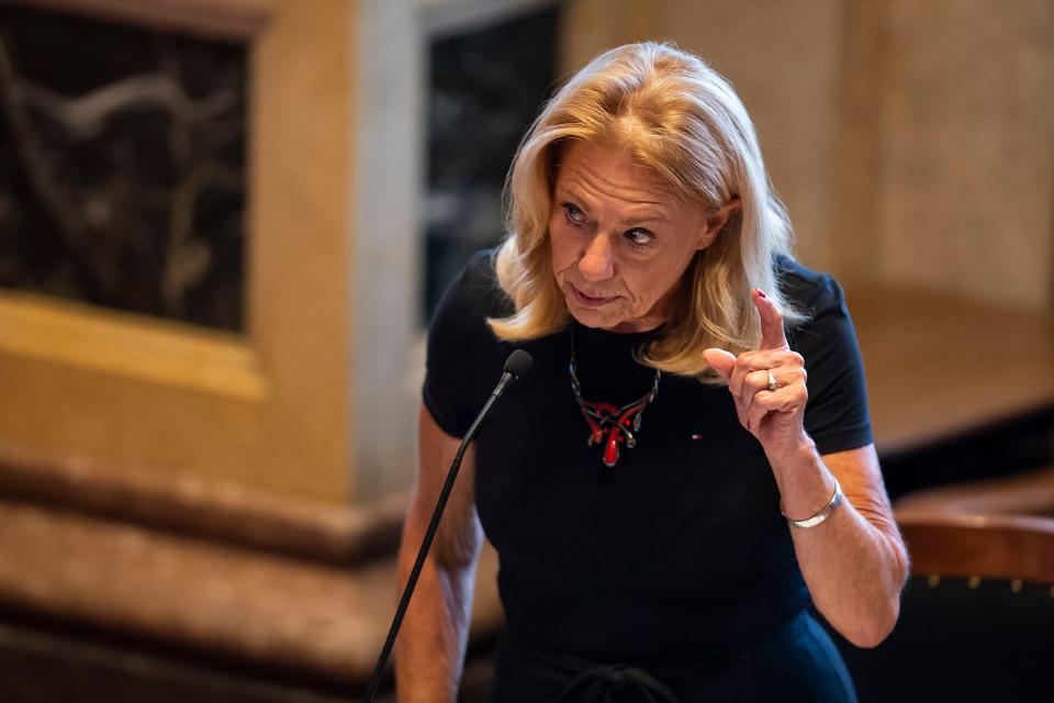 IA Sen. Pam Jochum, D-Dubuque, speaks in the Iowa Senate during a special session on redistricting maps, Tuesday, Oct. 5, 2021, at the Iowa State Capitol in Des Moines. 