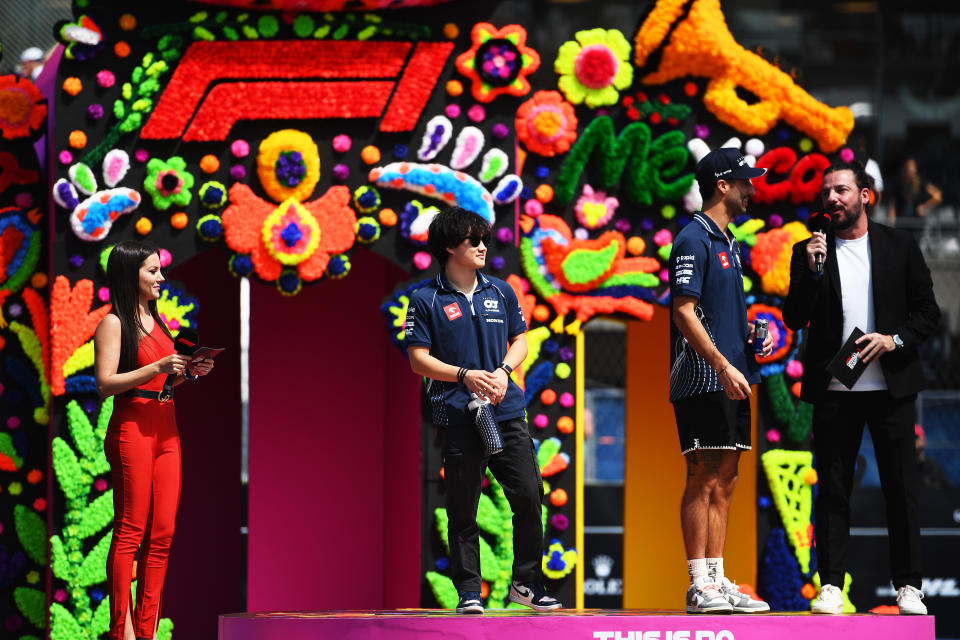 <p>MEXICO CITY, MEXICO - OCTOBER 29: Yuki Tsunoda of Japan and Scuderia AlphaTauri and Daniel Ricciardo of Australia and Scuderia AlphaTauri look on from the drivers parade prior to the F1 Grand Prix of Mexico at Autodromo Hermanos Rodriguez on October 29, 2023 in Mexico City, Mexico. (Photo by Rudy Carezzevoli/Getty Images)</p> 