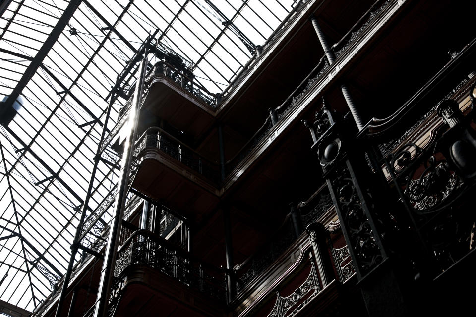 Inside the Bradbury building. The historic building was featured in the film "Blade Runner," along with several other films. (Photo by Ted Soqui/Corbis via Getty Images)