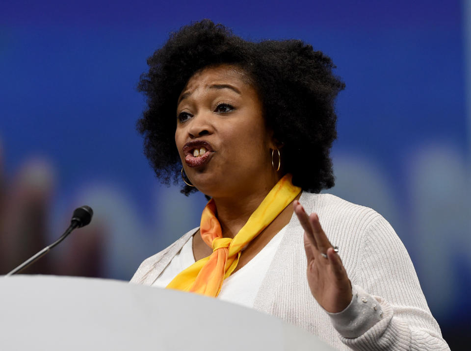 Yolanda Savage-Narva,&nbsp;vice chair of Reform Judaism&rsquo;s Commission on Social Action, speaks at the URJ's biennial conference in Chicago on Dec. 13, 2019. (Photo: Union for Reform Judaism)