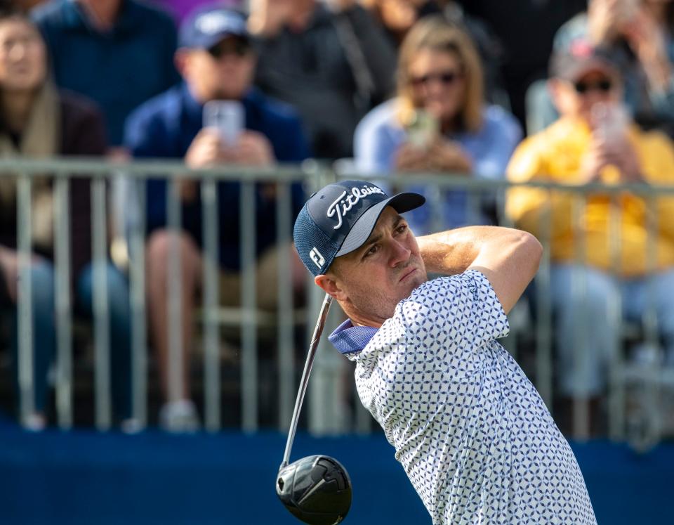 Justin Thomas watches his drive shot off of the first tee of the Pete Dye Stadium Course during the final round of The American Express at PGA West in La Quinta, Calif., Sunday, Jan. 21, 2024.
