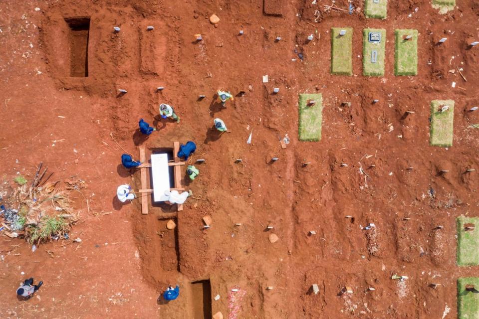 <div class="inline-image__caption"><p>An aerial picture showed municipality workers burying a coronavirus disease (COVID-19) victim at a grave complex provided by the government in Jakarta, Indonesia, April 26, 2020.</p></div> <div class="inline-image__credit">Antara Foto Agency/Reuters</div>