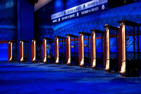 The podiums for tomorrow's Republican presidential candidate debate are lined up on stage in Boulder, Colorado, October 27, 2015. REUTERS/Rick Wilking