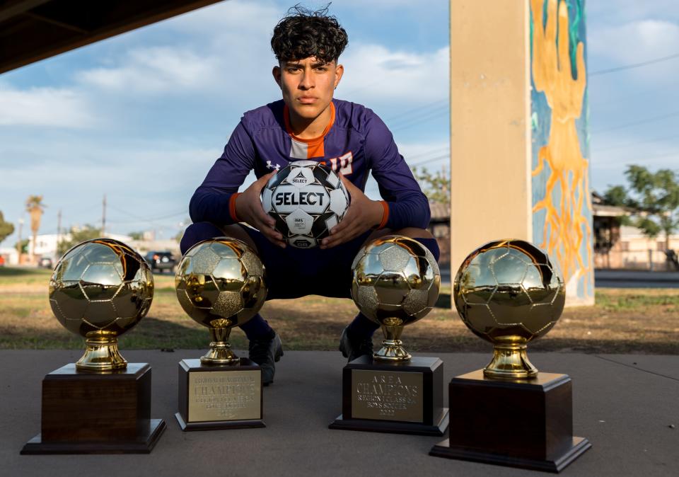 El Paso All-City Boys Soccer Player of Year Eastlake's Gio Mora poses for a photo Wednesday, April 27, 2022, at Lincoln Park in South Central El Paso.