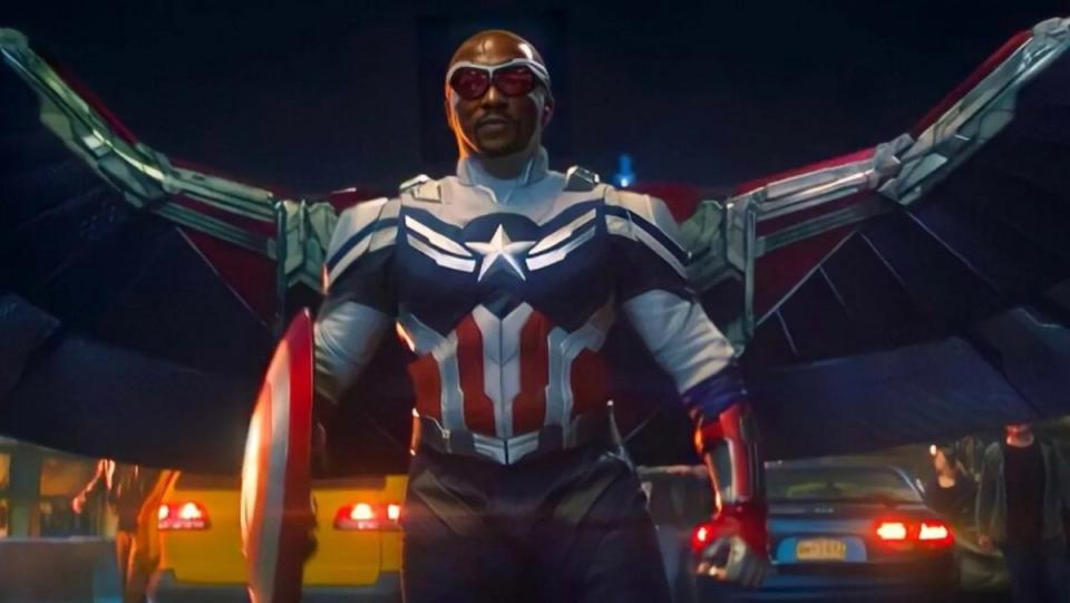 Sam Wilson at the end of The Falcon and the Winter Soldier, finally taking on the mantle of Captain America.