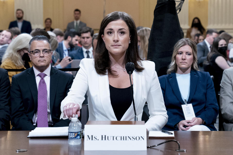 Cassidy Hutchinson, former aide to then White House chief of staff Mark Meadows, arrives for a hearing of the Select Committee to Investigate the January 6th Attack on the U.S. Capitol, on Tuesday, June 28, 2022.  / Credit: Andrew Harnik/AP Photo/Bloomberg via Getty Images