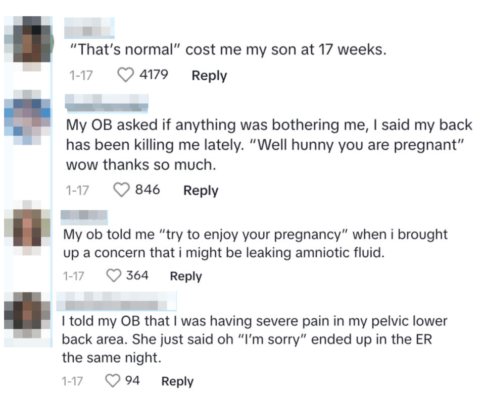Comments, including "My OB asked if anything was bothering me, I said my back has been killing me lately; 'Well hunny you are pregnant'" and "My ob told me 'try to enjoy your pregnancy' when i brought up that I might be leaking amniotic fluid"