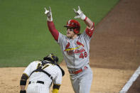 St. Louis Cardinals' Harrison Bader (48) celebrates after hitting a solo home run during the seventh inning of a baseball game against the San Diego Padres, Saturday, May 15, 2021, in San Diego. (AP Photo/Denis Poroy)