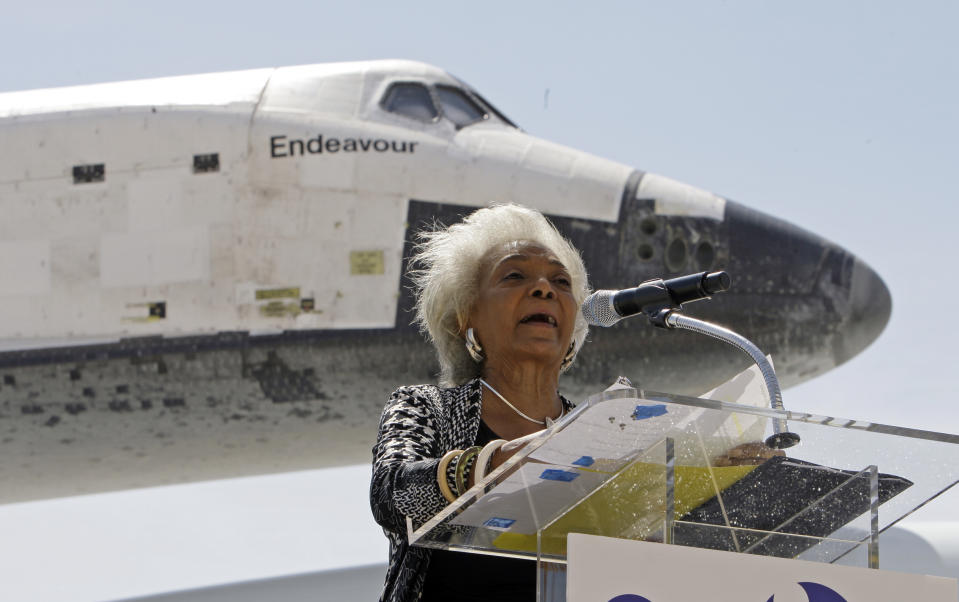 FILE - Nichelle Nichols, the actor who portrayed Lt. Nyota Uhura on the 1960s television series "Star Trek," speaks after the Space Shuttle Endeavour lands aboard a NASA Boeing 747 at the conclusion of its last flight, at Los Angeles International Airport, Friday, Sept. 21, 2012. Nichols died Saturday, July 30, 2022, at age 89. (AP Photo/Reed Saxon, File)