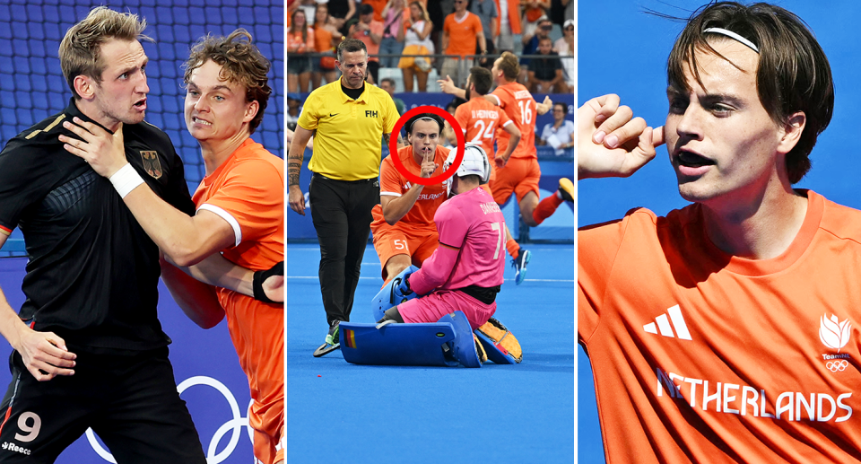 Nadat Nederland Duitsland met 3-1 versloeg in een dramatische strafschoppenreeks in de wedstrijd om de gouden medaille, viel Jean-Paul Dagneberg de Duitse doelman aan om hem het zwijgen op te leggen, wat na de reguliere speeltijd lelijke taferelen veroorzaakte. Foto: Getty