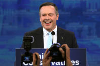 United Conservative Party (UCP) leader Jason Kenney reacts at his provincial election night headquarters in Calgary, Alberta, Canada April 16, 2019. REUTERS/Chris Wattie