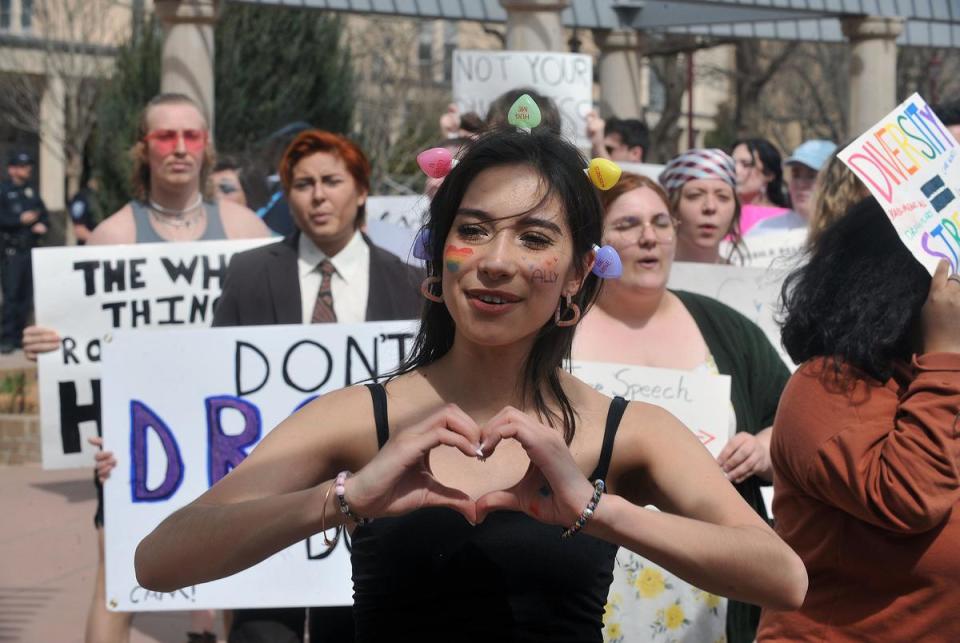 West Texas A&M University students protest on March 23 after university President Walter Wendler canceled an on-campus drag show. <cite>Credit: David Bowser for The Texas Tribune</cite>