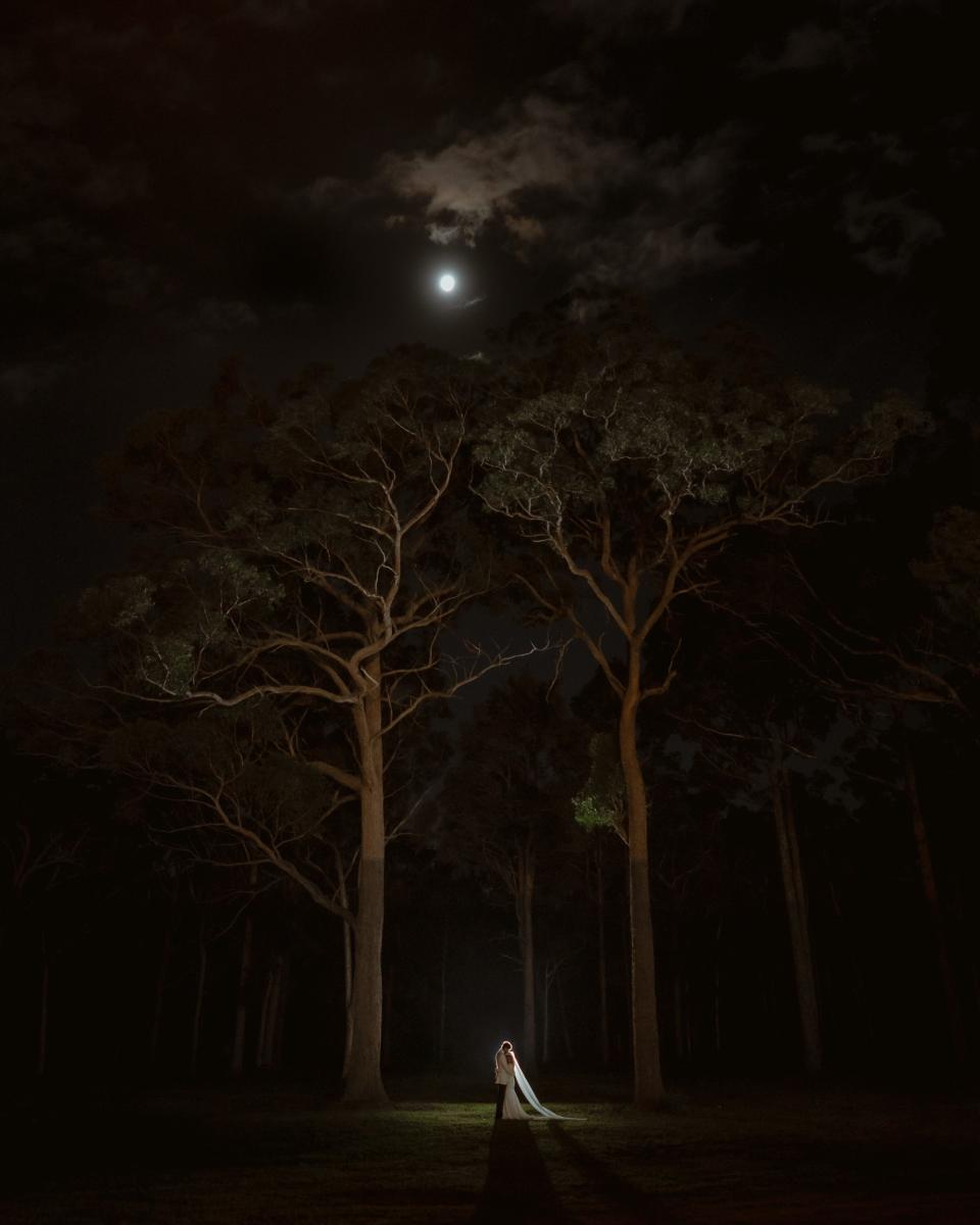 A bride and groom embrace under a full moon