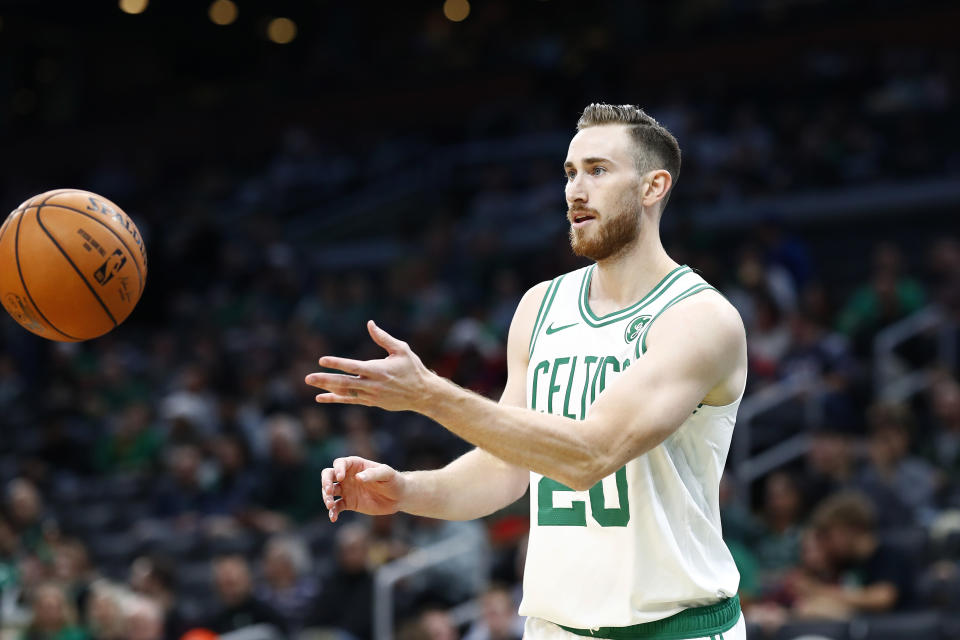 BOSTON, MASSACHUSETTS - OCTOBER 06: Gordon Hayward #20 of the Boston Celtics passes the ball during the first quarter of the game against the Charlotte Hornets at TD Garden on October 06, 2019 in Boston, Massachusetts. NOTE TO USER: User expressly acknowledges and agrees that, by downloading and or using this photograph, User is consenting to the terms and conditions of the Getty Images License Agreement. (Photo by Omar Rawlings/Getty Images)